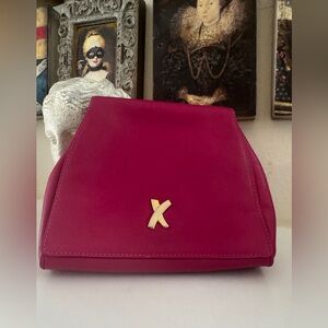 Paloma Picasso Magenta Leather Clutch with Gold “X” Logo – Vintage Designer Bag
